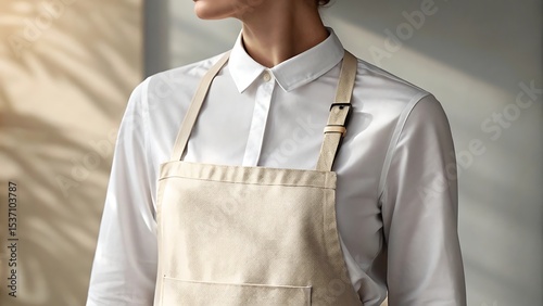 Beige apron and white shirt closeup