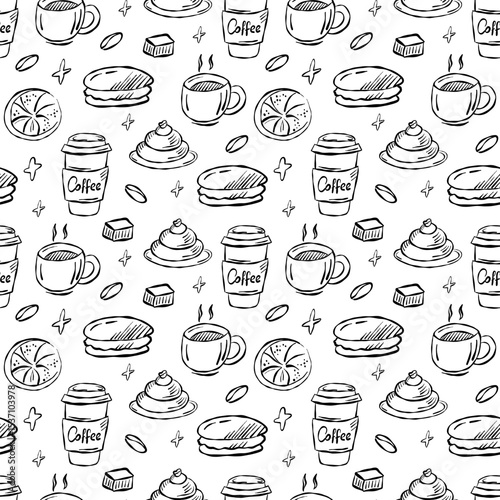 Cozy coffee doodle pattern with cups, pastries, and coffee beans in a charming layout