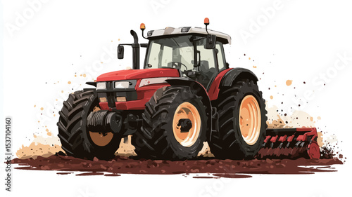 Illustration of a large, red tractor with large tires. The tractor is shown in a field with dark brown soil; some soil is splattered on the tractor. The tractor has a plow or cultivator attached to