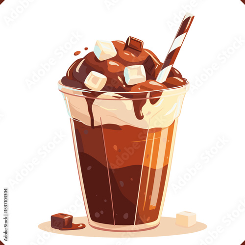 Vector illustration of a chocolate milkshake with whipped cream, marshmallows, and straw in plastic cup on white background. Vector illustration of chocolate dessert on white background