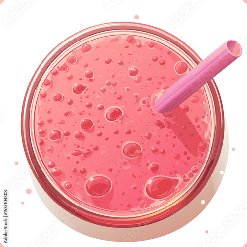 Vector illustration of strawberry milkshake with pink straw, top view, in watercolor style on white background.