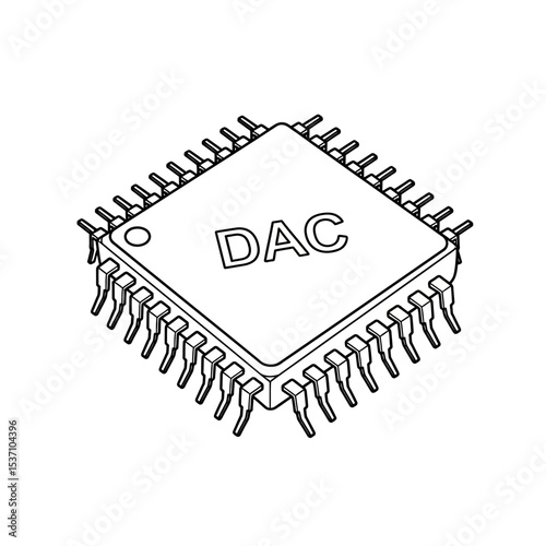 Isometric Line Art of a DAC Integrated Circuit with Pins and Circular Mark
