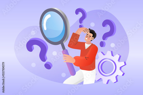 Man standing holding a magnifying glass with question mark. Problem analysis, research, find solution or answers on frequently asked questions. Vector illustration in flat style.