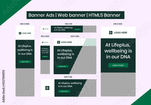 HTML5 banner ads design web template Set, Horizontal header web banner. Editable Google display ads banner set template