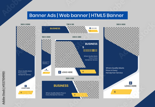 HTML5 banner ads design web template Set, Horizontal header web banner. Editable Google display ads banner set template