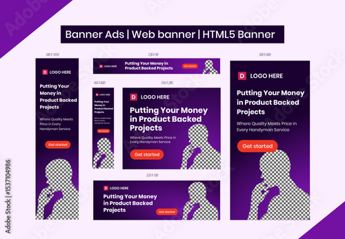 HTML5 banner ads design web template Set, Horizontal header web banner. Editable Google display ads banner set template
