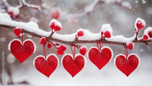 Red hearts on snowy tree branch in winter. Holidays. Happy valentines day celebration. Heart love concept.