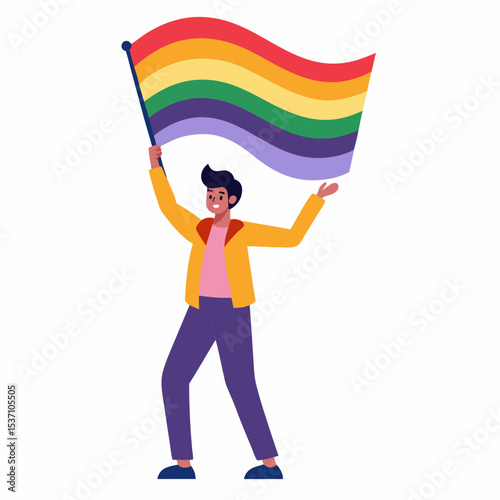Happy Man Waving LGBTQ Pride Rainbow Flag