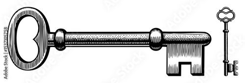 Vector Vintage skeleton keys with ornate details showcase classic lock mechanisms.