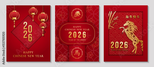 Set of Chinese New Year 2026 posters with horse illustration in traditional red and gold color palette, paper cut style, festive template design for greeting cards, social media, and invitations.