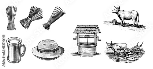 Vector Vintage rural scene featuring sheaves livestock and traditional farming elements.