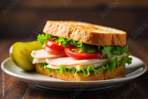 A classic deli turkey sandwich on rye bread with lettuce, tomato, and onion Perfect for lunch or a quick bite Served on a plate with a pickle garnish , gourmet, meat