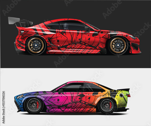 Two Custom Designed Race Cars with Abstract Wraps