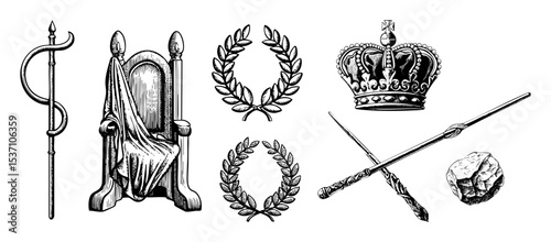 Vector Regal Emblems Collection: Crown Throne Scepter and Laurel Wreaths