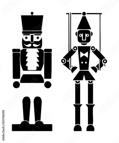 Vector Classic nutcracker and marionette toy illustrations in black