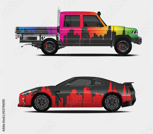 Rainbow Cityscape Designs on Pickup Truck and Sports Car