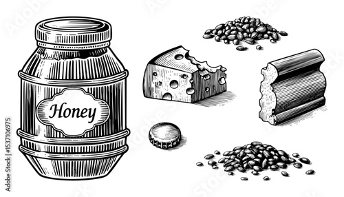 Vector Vintage honey jar with cheese chocolate and bean illustrations.