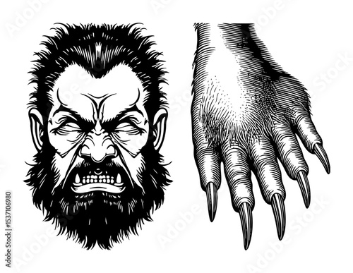 Vector Detailed werewolf face and claw in vintage engraving style.