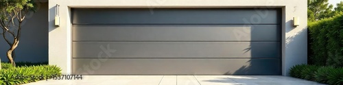A sleek, modern garage door, newly installed, gleaming in the sunlight The door is pristine and shows off a contemporary design with clean lines , property value, steel