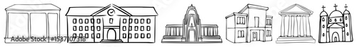 Vector Stylized cityscape featuring diverse architectural buildings.