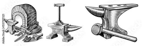 Vector Vintage blacksmith tools featuring forge anvil and hammer.