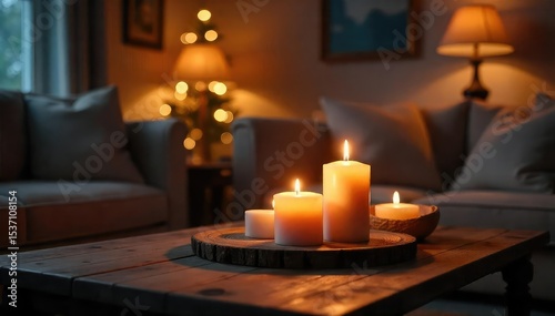 Cozy living room scene featuring flickering candles on a wooden table, creating a warm and inviting atmosphere Perfect for relaxation, meditation, or a romantic evening , light, living room