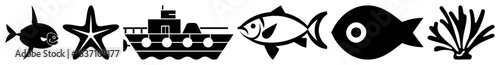 Vector Stylized marine life depict fish a ship and a seashell.