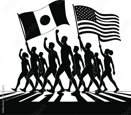 vector illustration of Silhouette parade with  Flags and Unity