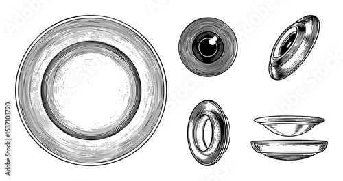 Vector Detailed illustrations of various ceramic dishes and plates in vintage style.
