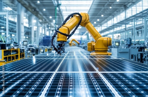 Robotic Arms Assembling Solar Panels in a High-Tech Factory