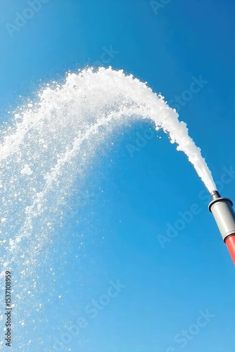 Powerful jet of water from a fire hose, spraying forcefully against a backdrop of a clear blue sky The stream arcs elegantly, demonstrating the immense pressure and reach of the equipment , day, arc