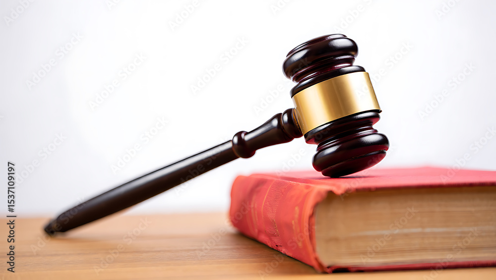 Dark Wood Gavel Resting on Red Law Book justice legal Dark Wood Gavel Resting on Red Law Book justice legal