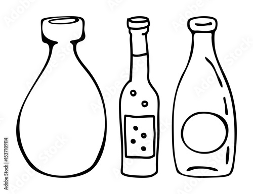 Vector Three distinct glass bottles in doodle style.