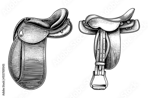 Vector Detailed illustrations of western horse saddles showcase equestrian equipment.
