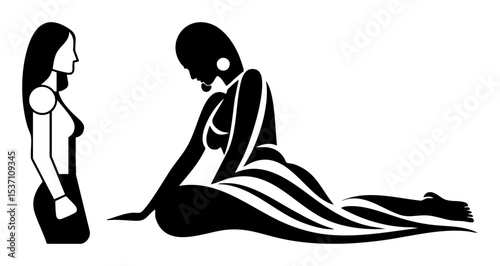 Vector Elegant women depicts a contemplative moment with a seated figure and a standing companion.