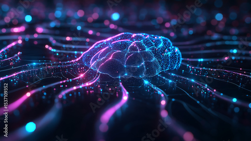 Glowing Neural Network with Digital Brain and Light Trails on Futuristic Dark Background
