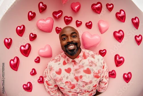 Commercial digital ads concept art. Valentine's day greeting from man or for man: impressive bold image of loving black midlife man. Love confession. Romantic advertising. Love emotions.