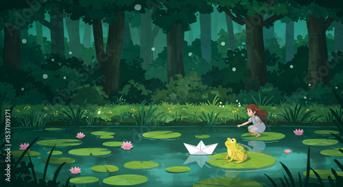 Enchanted Forest Girl and Frog Friend Launching Paper Boat