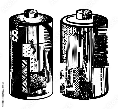 Vector Stylized battery illustrations with geometric showcase power depletion.