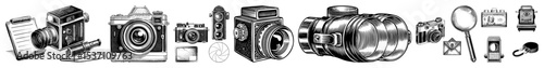 Vector Vintage camera collection featuring detailed equipment.