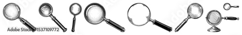 Vector Collection of vintage magnifying glasses in detailed engraving style.