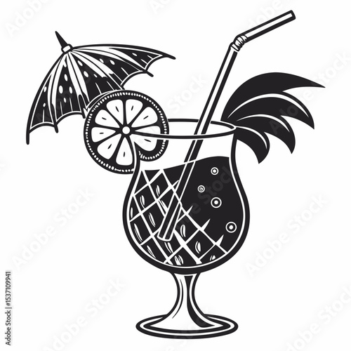 Tropical cocktail drink with umbrella and palm leaf, isolated on white