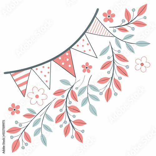 Festive bunting and floral corner design element