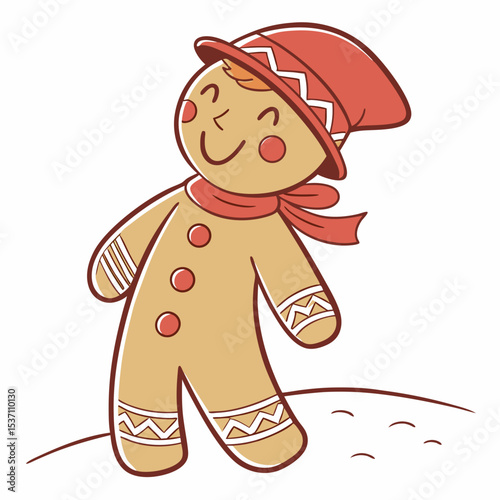 Happy gingerbread man in red hat and scarf