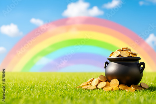 Pot of Gold with Shiny Coins and Rainbow on Green Grass for Saint Patrick’s Day, Luck and Treasure Concept