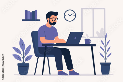 Flat Style Vector Illustration of Man Working Remotely from Home Office on Laptop