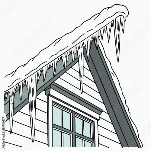 Winter house roof icicles snow covered gable
