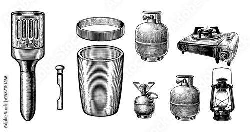 Vector Detailed vector of camping equipment including a flashlight stove and fuel canisters.