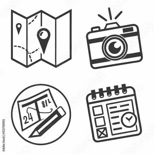 Travel planning icons map camera notepad pencil