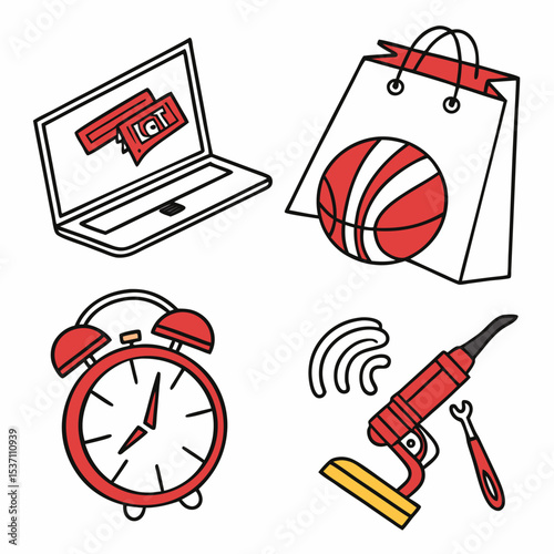 Online shopping, sports, time, and tools icons